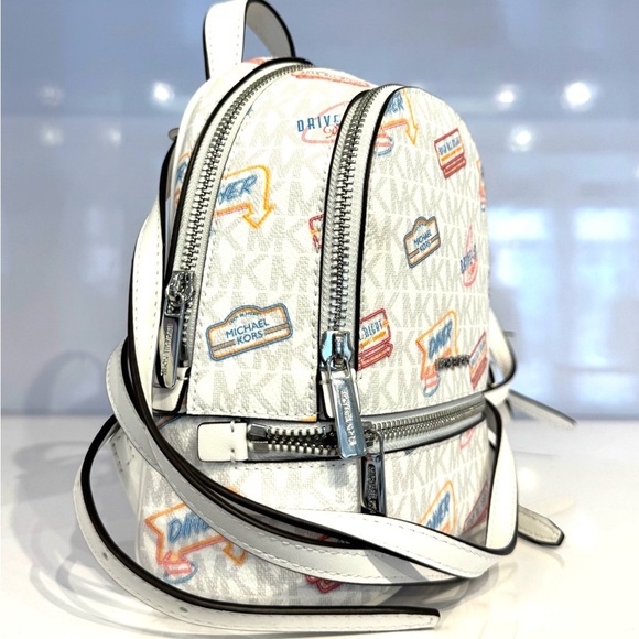 Michael Kors Rhea Extra-Small Printed Signature Logo Backpack Optic White - Picture 6 of 10